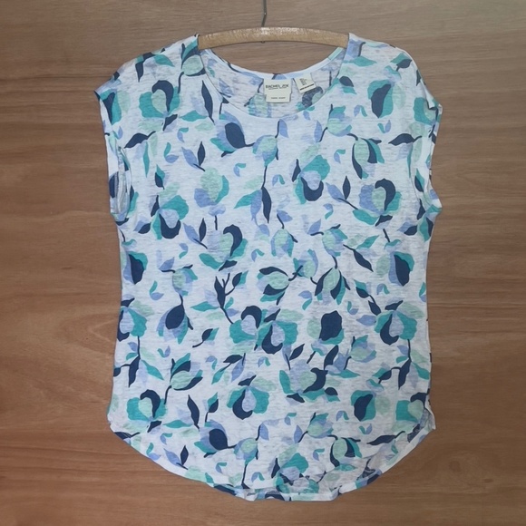 Rachel Zoe 100% linen floral top size L large round hem blue white semi sheer - Picture 1 of 6